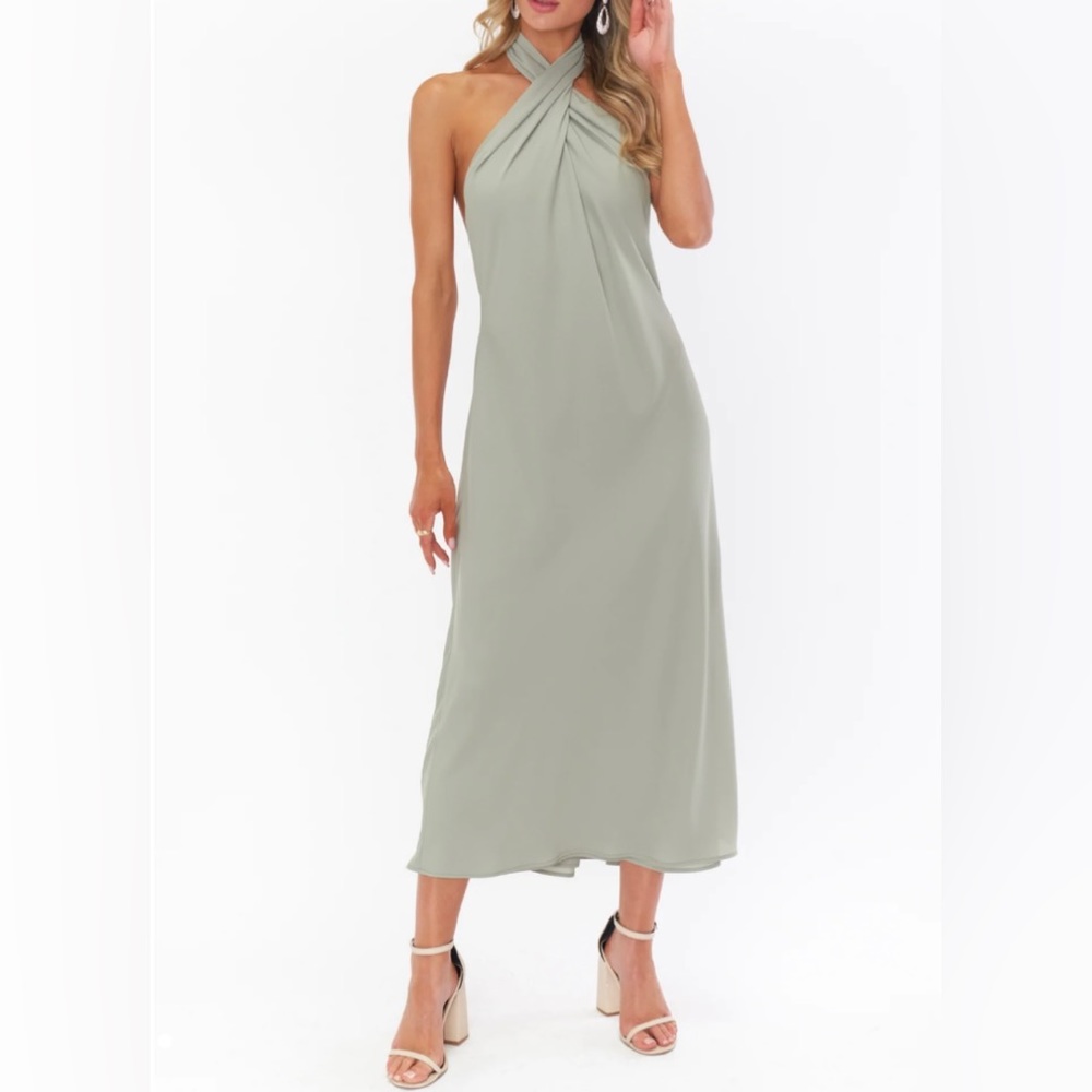 NEW Show Me Your Mumu Jasmine Halter Midi Bridesmaid Dress in Moss Green Crisp